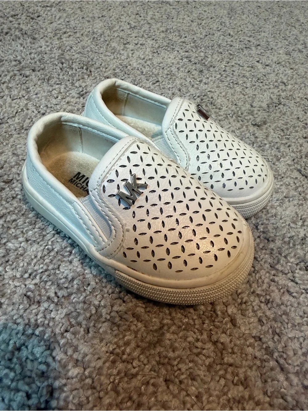 Michael Kors Baby White Perforated Slip-On Sneakers with Silver MK Accent